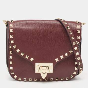 Pre Owned Valentino Burgundy Leather Rockstud Flap Crossbody Bag