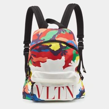 Pre Owned Valentino Multicolor Camo Print Nylon VLTN Logo Backpack