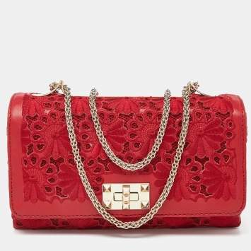 Pre Owned Valentino Red Leather and Lace Va Va Voom Shoulder Bag