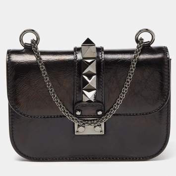 Pre Owned Valentino Black Leather Small Rockstud Glam Lock Flap Bag