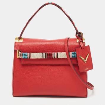 Pre Owned Valentino Red Leather My Rockstud Beaded Top Handle Bag