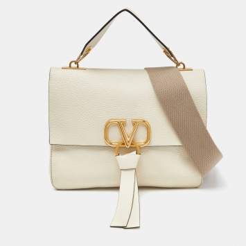 Pre Owned Valentino Cream Leather Vring Flap Top Handle Bag