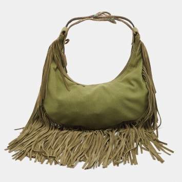 Pre Owned Valentino Military Green Canvas Fringe Hobo