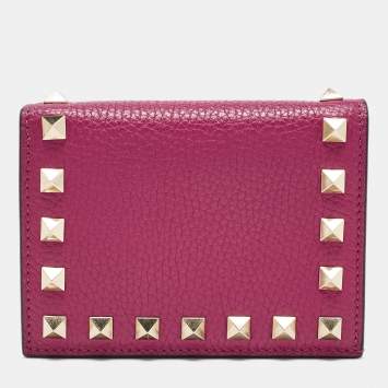 Pre Owned Valentino Magenta Leather Rockstud Flap Compact Wallet