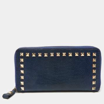 Pre Owned Valentino Blue Lizard Rockstud Zip Around Wallet