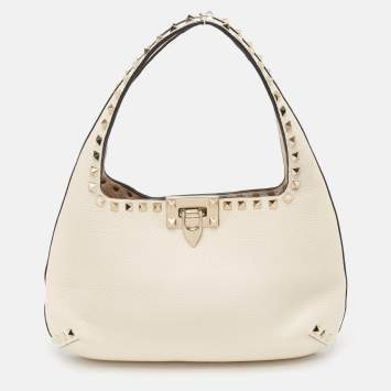 Pre Owned Valentino Off White Leather Small Rockstud Hobo