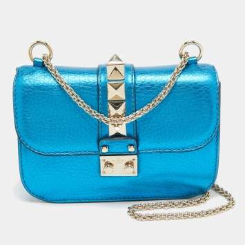 Pre Owned Valentino Metallic Blue Leather Small Rockstud Glam Lock Flap Bag