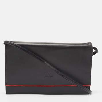 Pre Owned Valentino Black/Red Leather Logo Embossed Oversized Clutch Bag