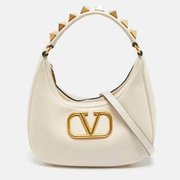 Pre Owned Valentino Off White Leather Stud Sign Hobo