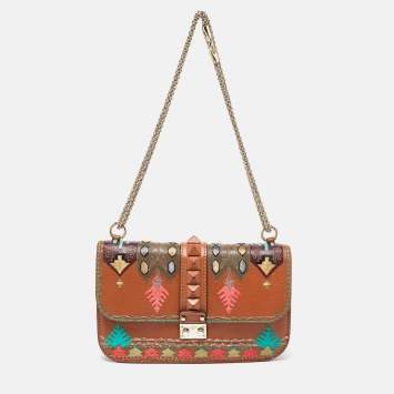 Pre Owned Valentino Beige Leather Medium Embroidered Rockstud Glam Lock Flap Bag