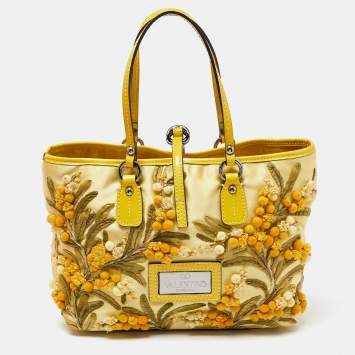 Pre Owned Valentino Yellow Satin and Patent Leather Applique Tote