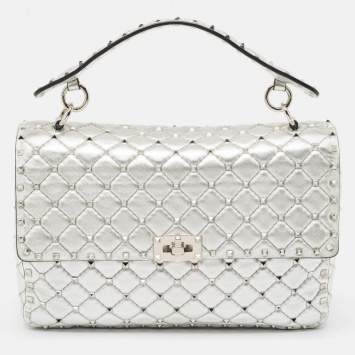 Pre Owned Valentino Silver Quilted Leather Large Rockstud Spike Top Handle Bag