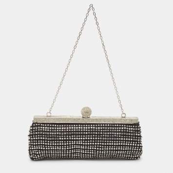 Pre Owned Valentino Black Satin Crystal Studded Frame Chain Clutch