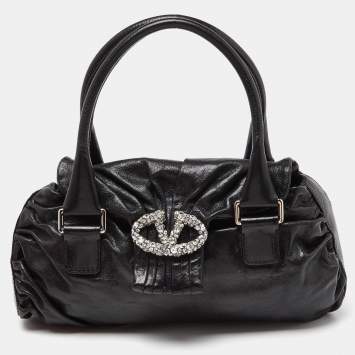 Pre Owned Valentino Black Leather Crystal Embellished Logo Flap Satchel