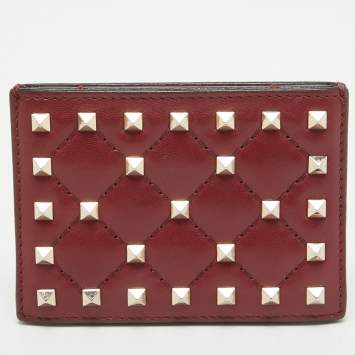 Pre Owned Valentino Burgundy Quilted Leather Rockstud Spike Card Case