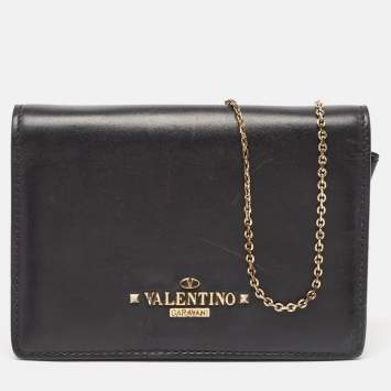 Pre Owned Valentino Black Leather Flap Chain Clutch