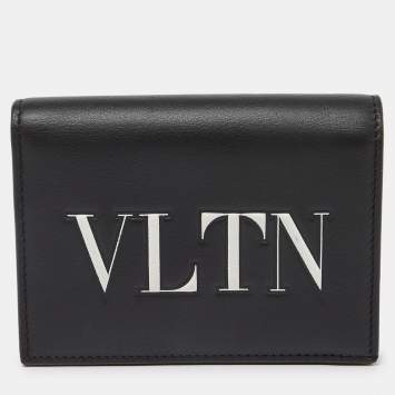 Pre Owned Valentino Black Leather VLTN Bifold Card Case