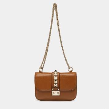 Pre Owned Valentino Brown Leather Small Rockstud Glam Lock Flap Bag