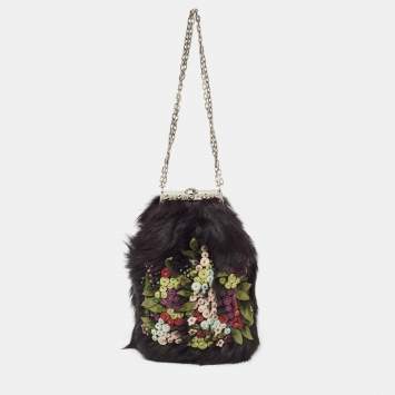 Pre Owned Valentino Black Fur Floral Applique Frame Chain Clutch