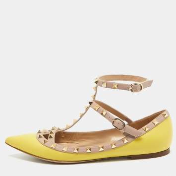 Pre Owned Valentino Yellow/Dusty Pink Leather Rockstud Ankle Strap Flats Size 39