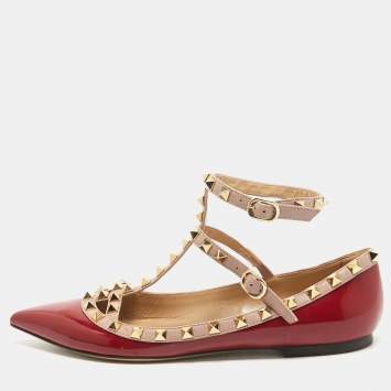 Pre Owned Valentino Red/Beige Patent and Leather Rockstud Ballet Flats  Size 38.5
