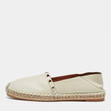 Pre Owned Valentino Cream Leather Rockstud  Espadrille Flats Size 38