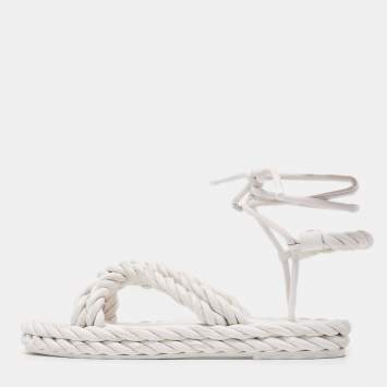 Pre Owned Valentino White Braided Leather Ankle Tie Flats Size 39