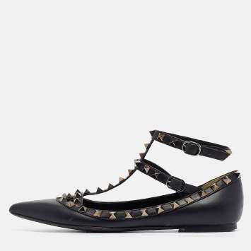 Pre Owned Valentino Black Leather Rockstud Ankle Strap Flats Size 37