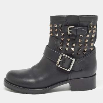 Pre Owned Valentino Black Leather Rockstud Ankle Boots Size 37.5