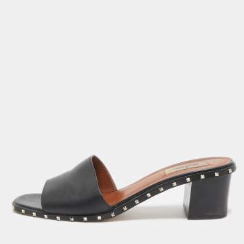 Pre Owned Valentino Black Leather Rockstud  Sandals Size 41