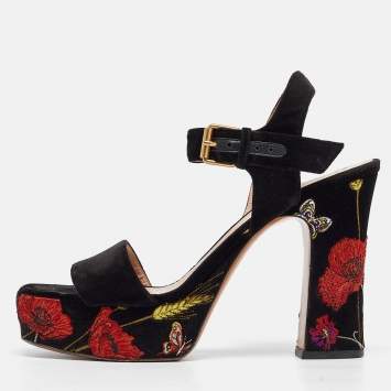 Pre Owned Valentino Black Velvet  Ankle Strap Sandals Size 37.5