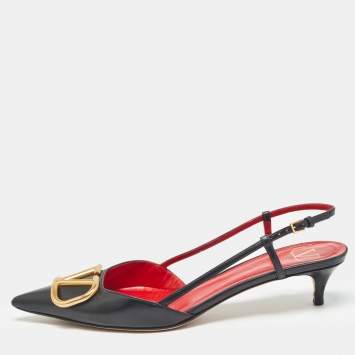 Pre Owned Valentino Black Leather Escape V logo Slingback Pumps Size 39.5