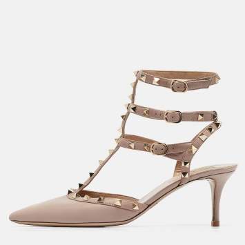 Pre Owned Valentino Dusty Pink Leather Rockstud Ankle Strap Pumps Size 41