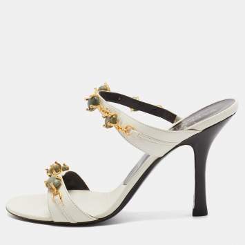 Pre Owned Valentino White Leather Crystal Embellished Slide Sandals Size 37