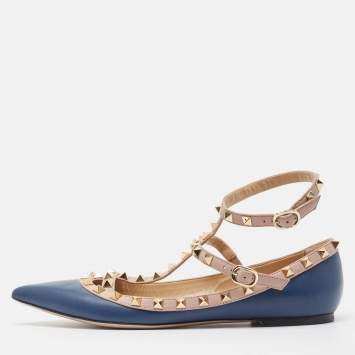 Pre Owned Valentino Blue/Dusty Pink Leather Rockstud Ankle Strap Flats Size 40