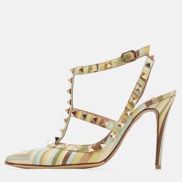 Pre Owned Valentino Multicolor Leather Rockstud Strappy Pointed Toe Pumps Size 36.5