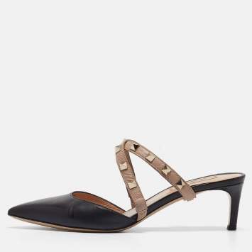 Pre Owned Valentino Black/Dusty Pink Leather Rockstud Mules Size 37