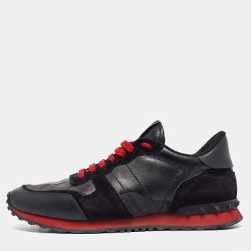 Pre Owned Valentino Black Leather and Suede Rockrunner Lace Up Sneakers Size 42.5