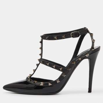 Pre Owned Valentino Black Patent Leather Rockstud Ankle Strap Cage Sandals Size 41