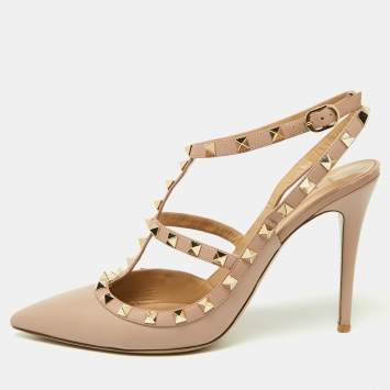 Pre Owned Valentino Pink Leather Rockstud Ankle Strap Cage Sandals Size 42