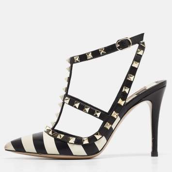 Pre Owned Valentino Black/White Striped Leather Rockstud Ankle Strap Pumps Size 38