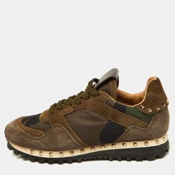 Pre Owned Valentino Green/Brown Suede and Camouflage Canvas Rockrunner Low Top Sneakers Size 35