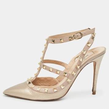 Pre Owned Valentino Beige/Gold Leather Rockstud Pumps Size 40
