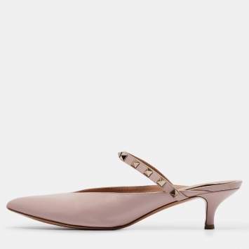 Pre Owned Valentino Pink Leather Rockstud Mules Size 40