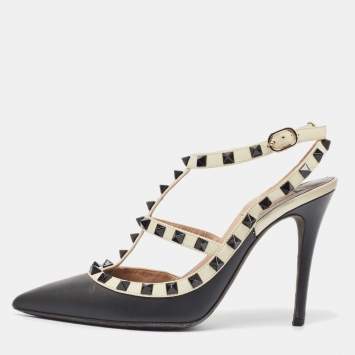 Pre Owned Valentino Black/Off White Leather Rockstud Ankle Strap Pumps Size 37.5