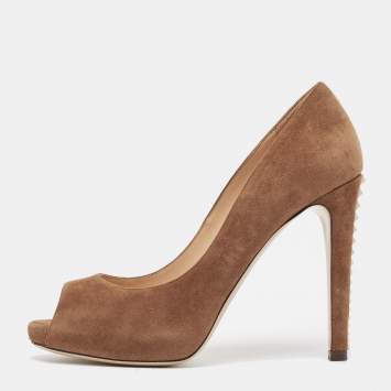 Pre Owned Valentino Brown Suede Rockstud Peep Toe Pumps Size 38.5