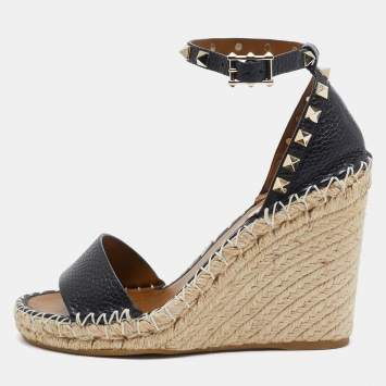 Pre Owned Valentino Black Leather Rockstud Espadrille Wedge Sandals Size 36