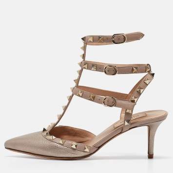 Pre Owned Valentino Metallic Dusty Pink Leather Rockstud Ankle Strap Pumps Size 37