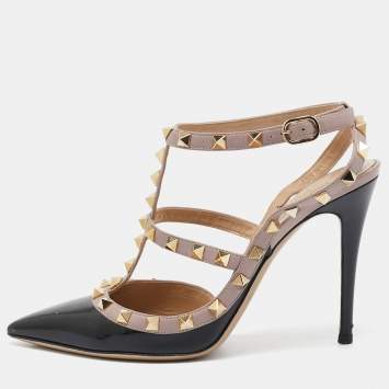 Pre Owned Valentino Black Patent Leather Rockstud Ankle Strap Pumps Size 38