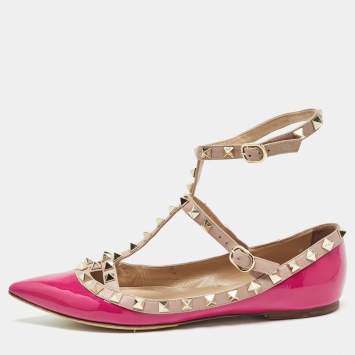 Pre Owned Valentino Pink Leather and Patent Rockstud Ballet Flats Size 36.5
